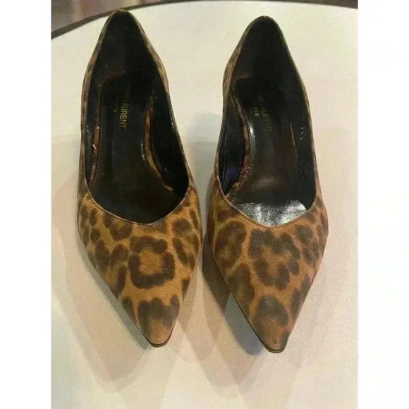 YSL Yves Saint Laurent Leopard Kitten Heels Pumps 36.5 6.5 Charlotte Black Tan - Picture 7 of 13